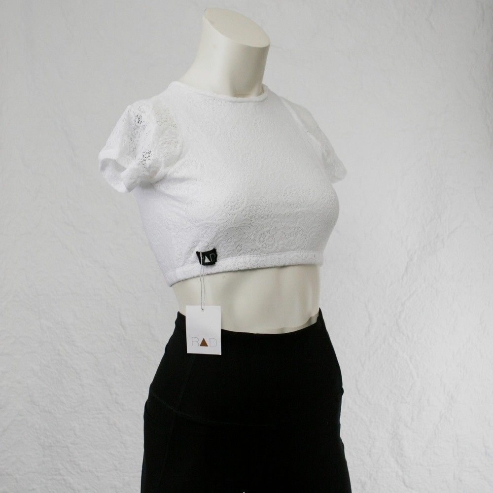 New w/tags - RAD Polewear Womens White lace active crop top w/open back